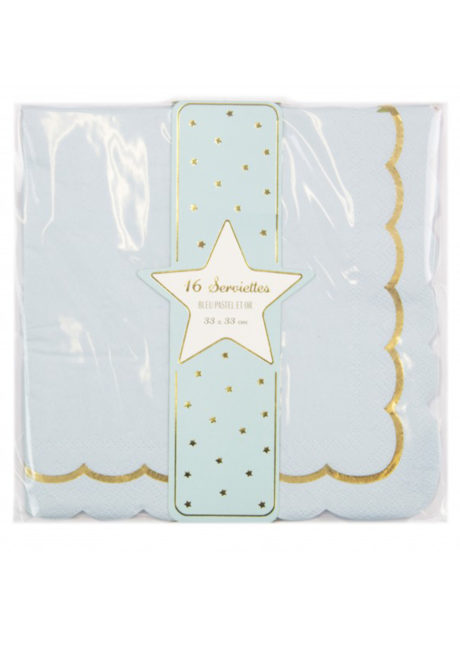 serviettes en papier bleues, serviettes en papier babyshower, vaisselle baby shower, Vaisselle Bleu Pastel, Serviettes Bleues et Dorées