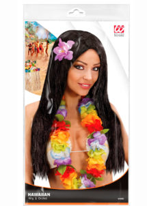 perruque noire femme, perruque tahiti, perruque hawaïenne femme, perruque cheveux longs noirs