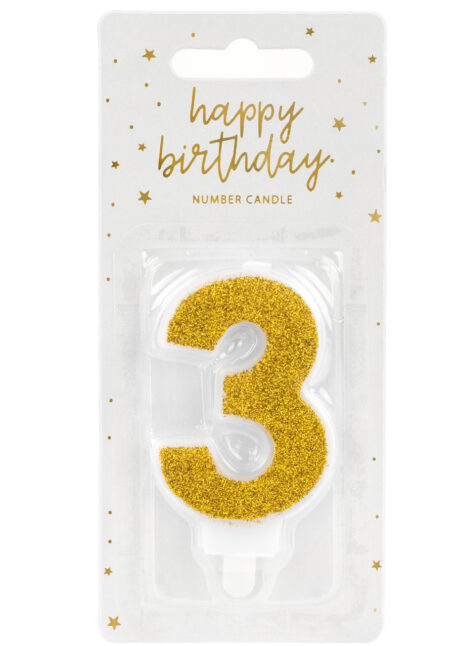 bougie chiffre 3, bougies chiffres, bougies d'anniversaire, Bougie d’Anniversaire, Chiffre 3, Paillettes Dorées