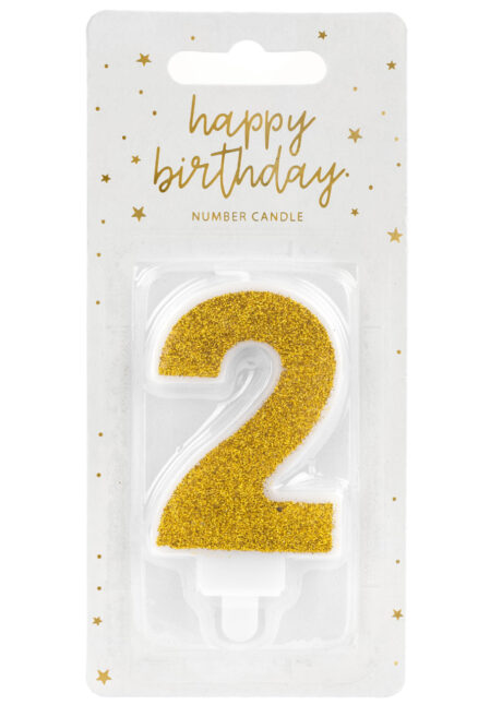 bougie chiffre 2, bougies chiffres, bougies d'anniversaire, Bougie d’Anniversaire, Chiffre 2, Paillettes Dorées