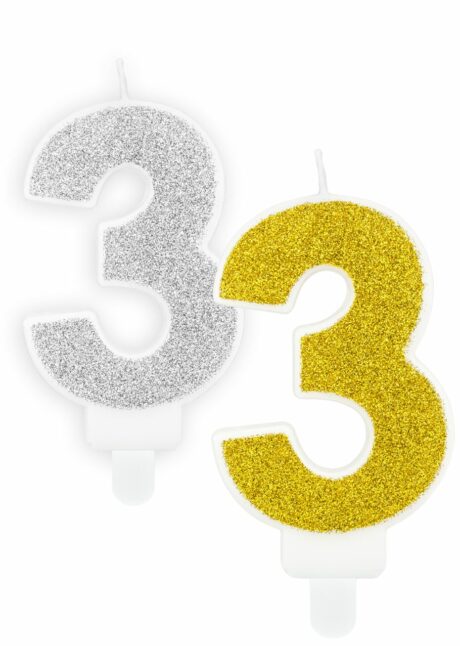 BOUGIE CHIFFRE 3 PAILLETTES, bougie chiffre 3 anniversaire, bougie chiffre 3 dorée, Bougie Chiffre 3 Paillettes – Doré ou Argenté au Choix