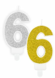 BOUGIE CHIFFRE 6 PAILLETTES, bougie chiffre 6, bougie anniversaire 60 ans, Bougie Chiffre 6 Paillettes – Doré ou Argenté au Choix