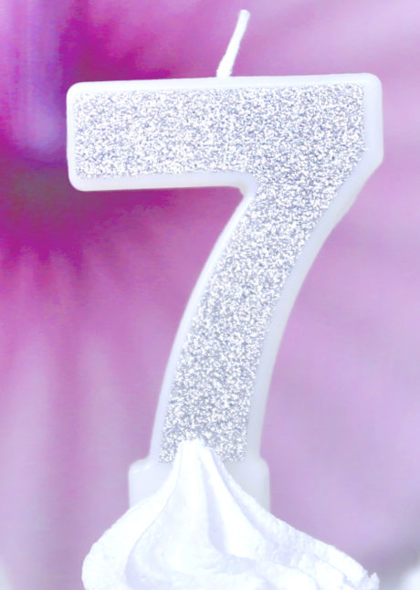 bougie chiffre 7, bougies chiffres, bougies d'anniversaire, Bougie d’Anniversaire, Chiffre 7, Paillettes Argent