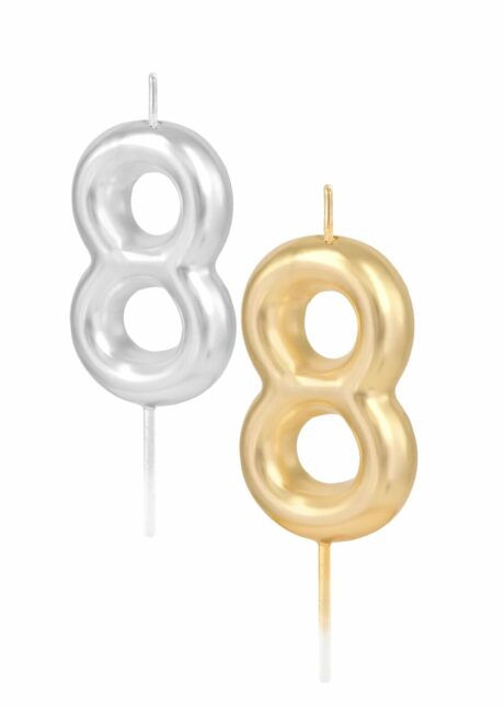 BOUGIE CHIFFRE 8 ANNIVERSAIRE, bougie chiffre 8, bougie anniversaire, Bougie Chiffre 8 Métallique – Doré ou Argenté au Choix