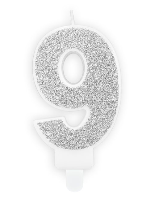 bougie chiffre 9, bougies chiffres, bougies d'anniversaire, Bougie d’Anniversaire, Chiffre 9, Paillettes Argent