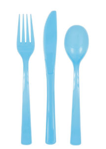couverts plastiques bleus, fourchettes, couteaux, cuillères, vaisselle jetable, Vaisselle Bleu Ciel, Couverts x 18
