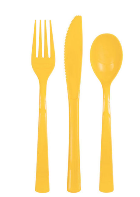 couverts plastiques jaunes, fourchettes, couteaux, cuillères, vaisselle jetable, Vaisselle Jaune, Couverts x 18