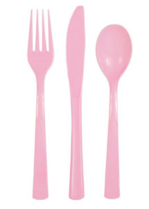 couverts plastiques roses, fourchettes, couteaux, cuillères, vaisselle jetable, Vaisselle Rose Pâle, Couverts x 18