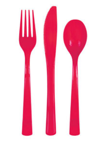 couverts plastiques rouges, fourchettes, couteaux, cuillères, vaisselle jetable, Vaisselle Etats Unis, Couverts x 18