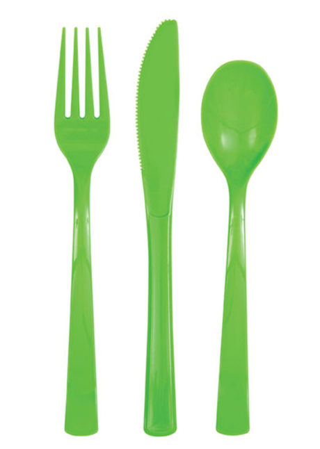 couverts plastiques verts, fourchettes, couteaux, cuillères, vaisselle jetable, Vaisselle Vert Pomme, Couverts x 18