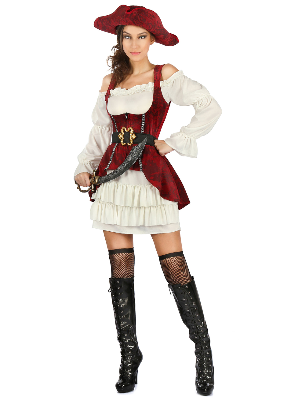 Déguisement femme pirate pas cher noire et rouge