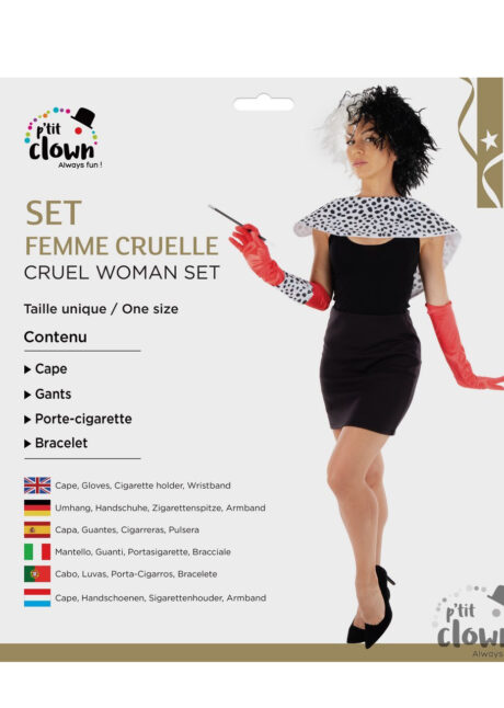 cape cruella, déguisement cruella, kit de cruella, Cape, Gants, Fume Cigarette et Bracelet de Cruella