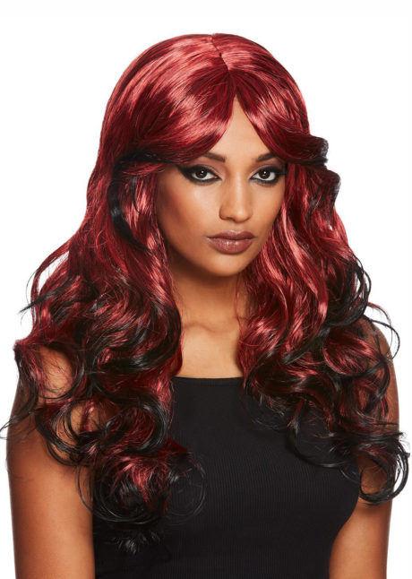 perruque rouge, perruque rousse, perruque bleue, perruque halloween, perruque qualité, Perruque de Séductrice Gothique, Rouge et Noire