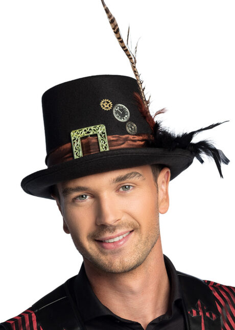 chapeau steampunk, accessoire steampunk, chapeau haut de forme,, Chapeau Haut de Forme Steampunk, avec Plumes et Boucle
