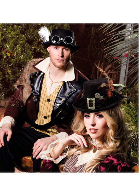 chapeau steampunk, accessoire steampunk, chapeau haut de forme, lunettes steampunk, Chapeau Haut de Forme Steampunk, avec Plumes et Boucle