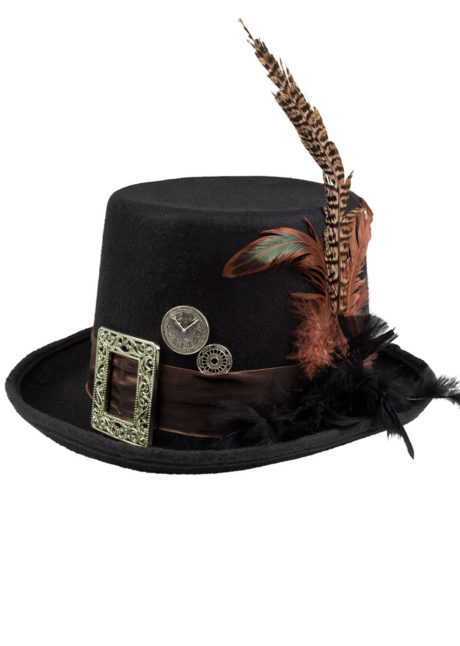chapeau steampunk, accessoire steampunk, chapeau haut de forme, lunettes steampunk, Chapeau Haut de Forme Steampunk, avec Plumes et Boucle