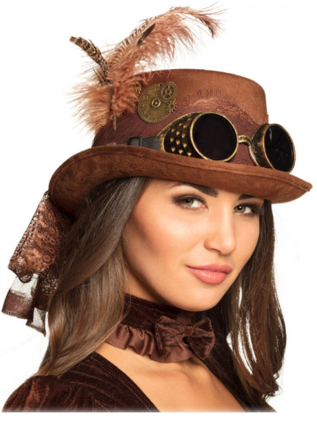 chapeau steampunk, accessoire steampunk, chapeau haut de forme, lunettes steampunk, Chapeau Haut de Forme Steampunk, Plumes, Ruban, Lunettes