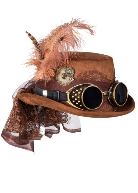 chapeau steampunk, accessoire steampunk, chapeau haut de forme, lunettes steampunk, Chapeau Haut de Forme Steampunk, Plumes, Ruban, Lunettes
