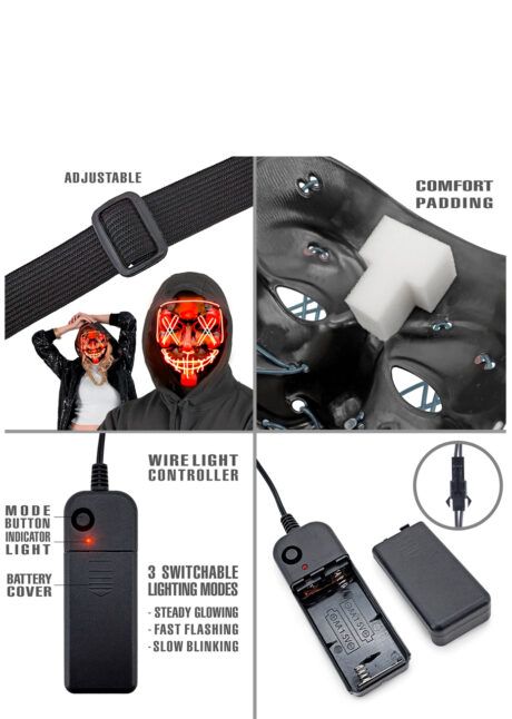 masque lumineux horreur led, masque halloween lumineux, masque lumineux halloween, Masque Nightmare La Purge, Lumineux Rouge