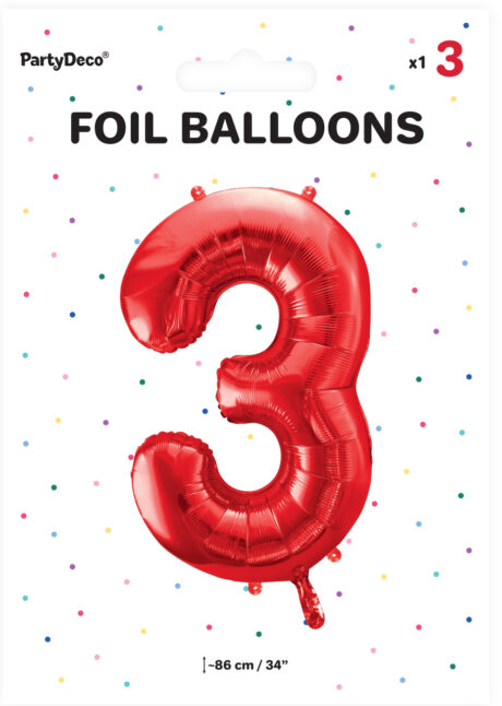 ballon chiffre 3, ballons chiffres, ballons anniversaire, ballons hélium, Ballon Chiffre 3, Rouge, 86 cm
