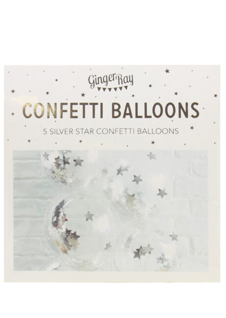 ballons confettis, ballon confettis argent, ballons transparents, ballons confettis étoiles, Ginger ray, Bouquet de Ballons Confettis Etoiles Argent, Ginger Ray