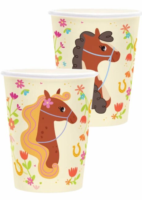 gobelets en carton anniversaire fille, gobelets anniversaire thème Cheval, gobelets cheval, vaisselle cheval, Gobelets Anniversaire Thème Cheval – 6 Modèles Différents – 220 ml