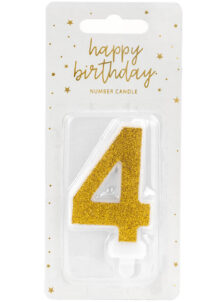 bougie chiffre 4, bougies chiffres, bougies d'anniversaire, Bougie d’Anniversaire, Chiffre 4, Paillettes Dorées