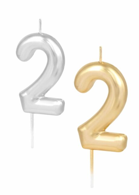 bougie chiffre 2, bougie chiffre 2 anniversaire, bougie chiffre 2 doré, bougie chiffre 2 argent, Bougie Chiffre 2 Métallique – Doré ou Argenté au Choix