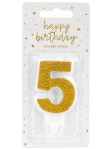 bougie chiffre 5, bougies chiffres, bougies d'anniversaire, Bougie d’Anniversaire, Chiffre 5, Paillettes Dorées