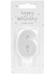 bougie chiffre 6, bougies chiffres, bougies d'anniversaire, Bougie d’Anniversaire, Chiffre 6, Paillettes Argent