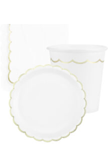 assiettes jetables blanches, assiettes blanches et dorées