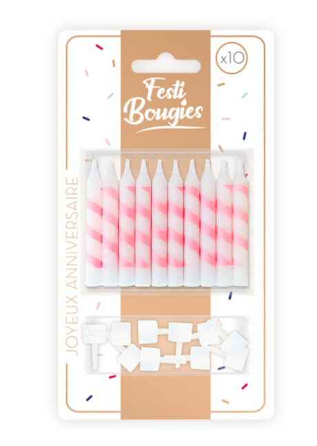 bougies d'anniversaire, bougies roses pour anniversaires, Bougies d’Anniversaire, Rose et Blanc x 10