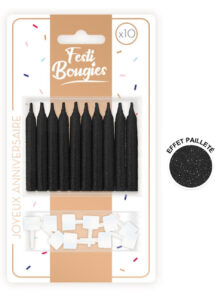 bougies d'anniversaire, bougies noires pour anniversaires, Bougies d’Anniversaire, Noir Paillettes x 10