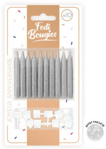 bougies d'anniversaire, bougies argent pour anniversaires, Bougies d’Anniversaire, Argent Paillettes, x 10