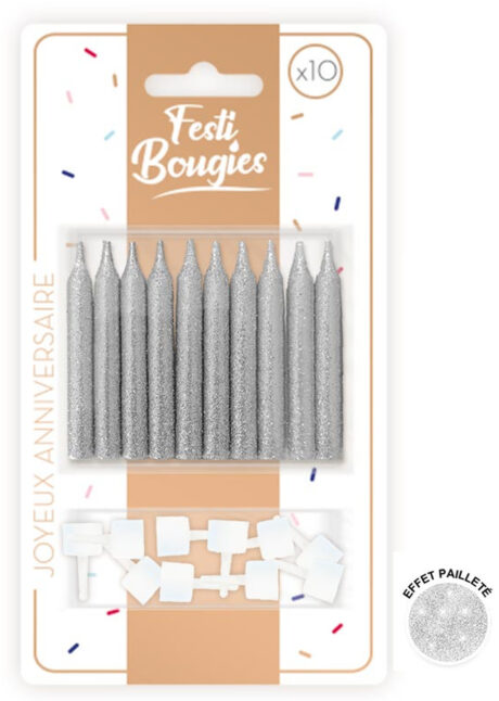 bougies d'anniversaire, bougies argent pour anniversaires, Bougies d’Anniversaire, Argent Paillettes, x 10