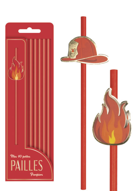 pailles en carton, pailles pour anniversaire, pailles pour goûters d'anniversaire, décorations de table, Vaisselle Rouge, Pailles Jetables, Casque et Flamme de Pompiers