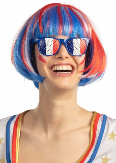 perruque supporter, perruque france, perruque tricolore, perruque bleu blanc rouge, Perruque Supporter France – Carré Bleu Blanc Rouge