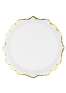 assiettes blanches et dorées, assiettes mariage, assiettes blanches baby shower, vaisselle jetable baby shower, assiettes en carton, vaisselle jetable, Vaisselle Blanche, Assiettes Baroques Blanches