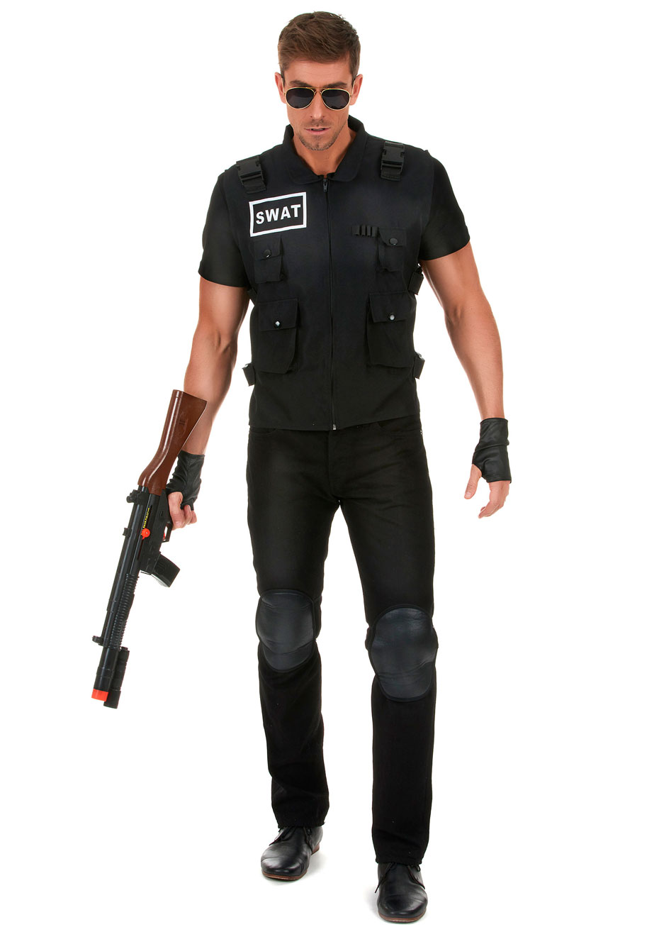 Costume de SWAT pour adultes, veste noire avec gants