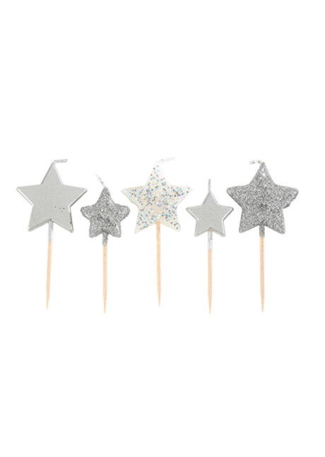 BOUGIES ETOILES, BOUGIES ANNIVERSAIRES, BOUGIES DE DECORATIONS, BOUGIES argent, 5 Bougies Etoiles, Dégradé de Paillettes, Argent