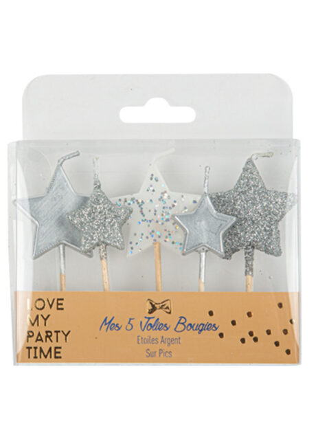 BOUGIES ETOILES, BOUGIES ANNIVERSAIRES, BOUGIES DE DECORATIONS, BOUGIES argent, 5 Bougies Etoiles, Dégradé de Paillettes, Argent
