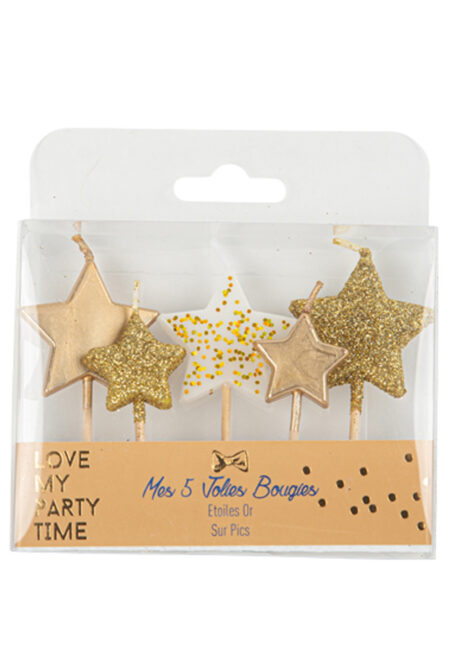 BOUGIES ETOILES, BOUGIES ANNIVERSAIRES, BOUGIES DE DECORATIONS, BOUGIES DOREES, 5 Bougies Etoiles, Dégradé de Paillettes, Dorées