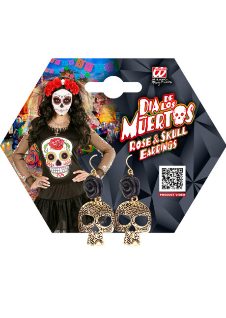 bijoux déguisement halloween, accessoire bijoux déguisement, accessoire déguisement halloween, boucles d'oreilles dia de los muertos, accessoire mexicain halloween, accessoire mort mexicaine halloween, déguisement jour des morts, déguisement jour des morts femme,halloween jour des morts, déguisement jour des morts halloween, Boucles d’Oreilles Jour des Morts, Crâne Métal, Fleur Noire