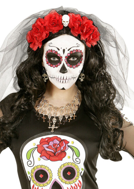 bijoux jour des morts, accessoire bijoux déguisement, accessoire déguisement halloween, boucles d'oreilles dia de los muertos, accessoire mexicain halloween, accessoire mort mexicaine halloween, déguisement jour des morts, déguisement jour des morts femme,halloween jour des morts, déguisement jour des morts halloween, Boucles d’Oreilles Jour des Morts, Crâne Métal, Fleur Noire