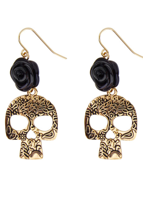 bijoux jour des morts, accessoire bijoux déguisement, accessoire déguisement halloween, boucles d'oreilles dia de los muertos, accessoire mexicain halloween, accessoire mort mexicaine halloween, déguisement jour des morts, déguisement jour des morts femme,halloween jour des morts, déguisement jour des morts halloween, Boucles d’Oreilles Jour des Morts, Crâne Métal, Fleur Noire