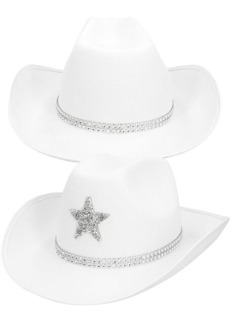 chapeau cowboy étoile paillette, chapeau cowboy blanc strass, Chapeau de Cowboy Etoile et Strass, Blanc