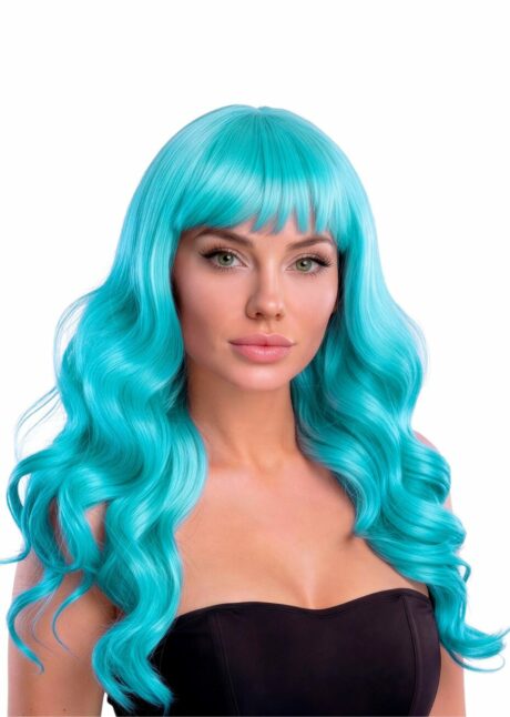 perruque bleue, perruque qualité supérieure, perruque lavable, perruque bleu ciel, Perruque Bella Bleu Turquoise – Longue à Frange