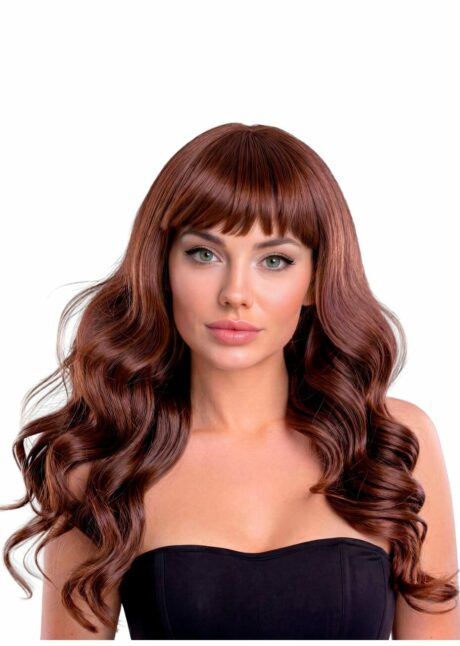 perruque châtain, perruque top qualité, perruque lavable châtain , perruque longue chatain à frange, Perruque Bella Châtain – Longue à Frange