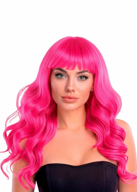 perruque rose fuchsia longue, perruque rose frange, perruque lavable, perruque rose femme, Perruque Bella Rose Fuchsia – Longue à Frange