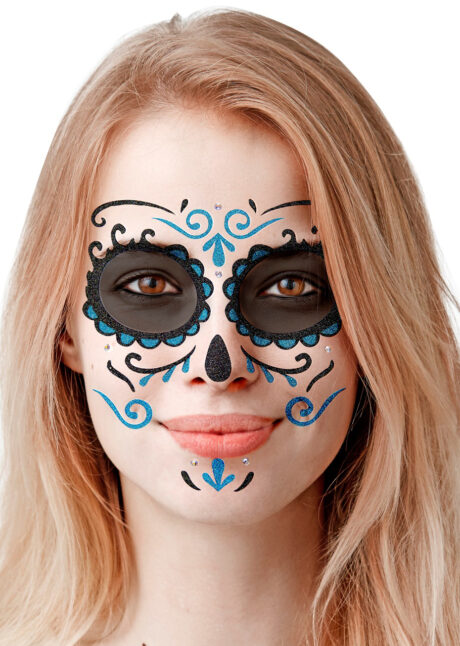 kit maquillage dia de los muertos, kit maquillage jour des morts, kit maquillage day of death, maquillage mort mexicaine, autocollants visage, Autocollants Glitter pour Visage, Bleus